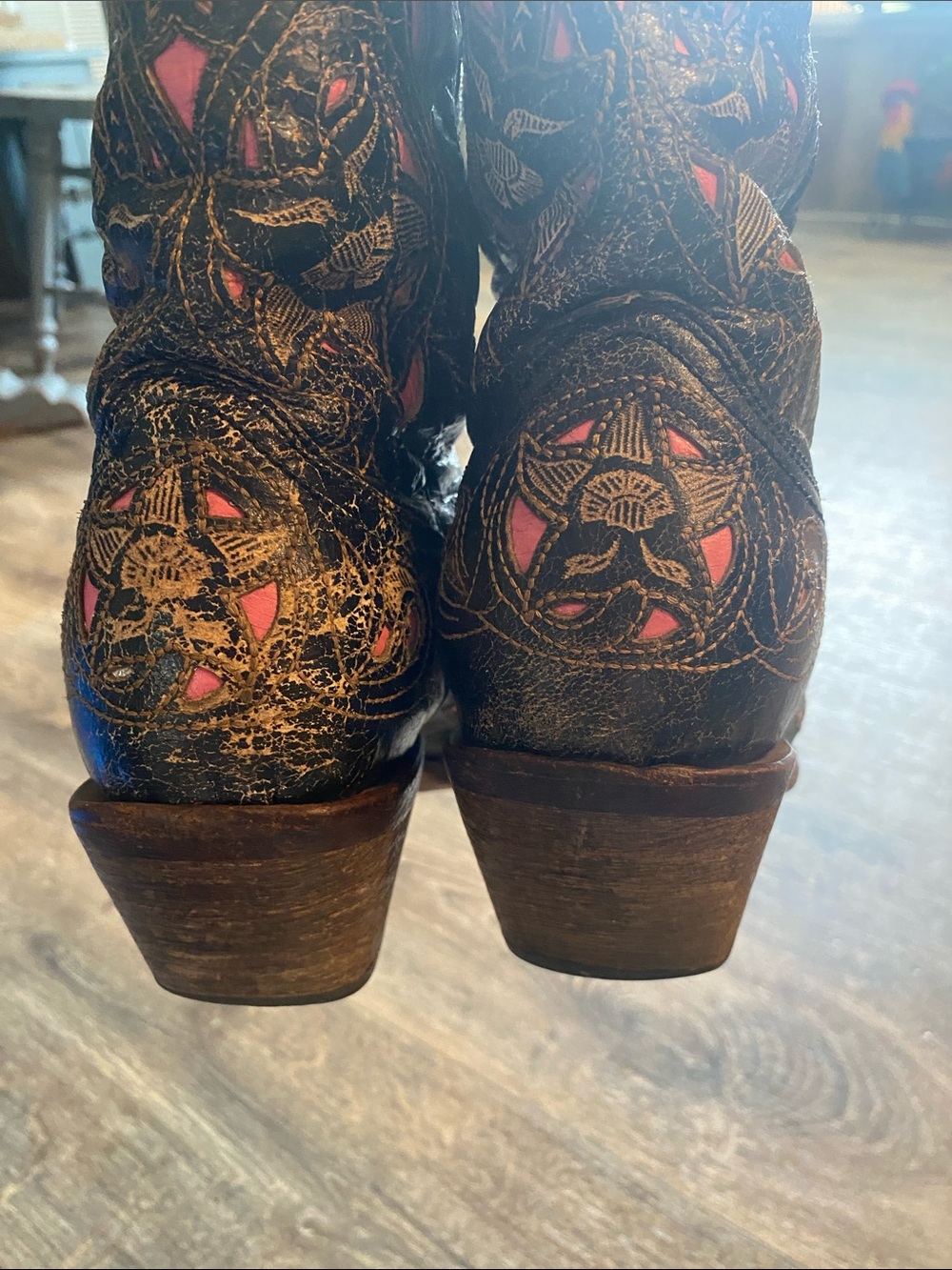 Women's Black Leather Cowboy Boots with Pink Embroidered Insets - Picture 9 of 16
